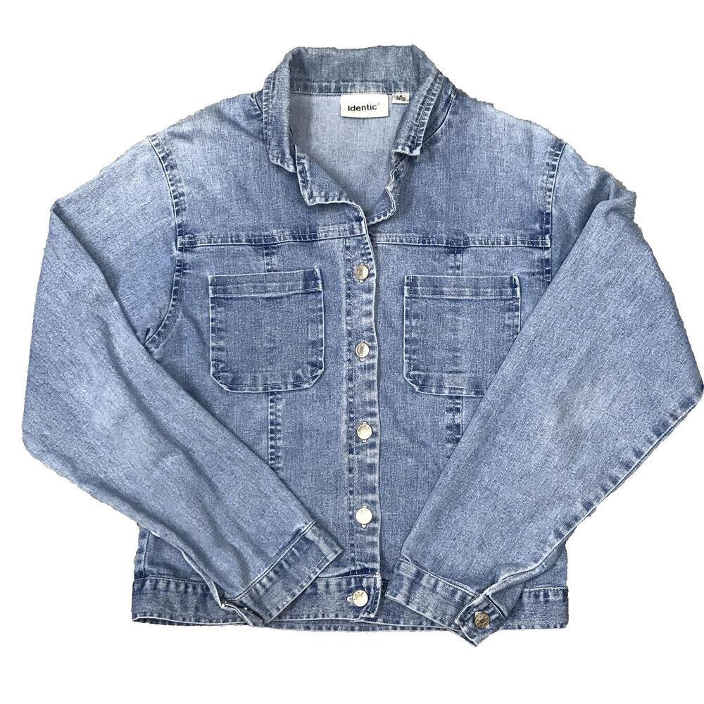 Identic Jacket Womens Small 34/36 Blue Denim Button Front Chest Pockets Stretch